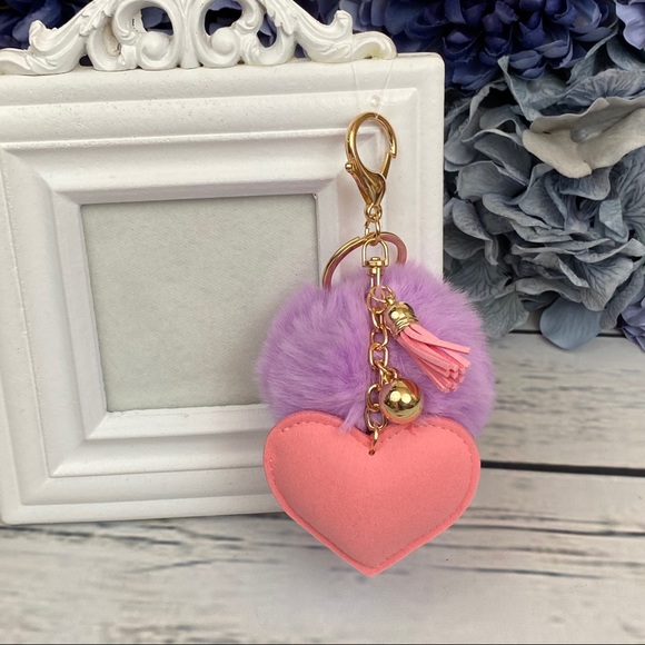 Heart with Pink Rhinestones & Pom Pom on Keychain - Picture 5 of 13
